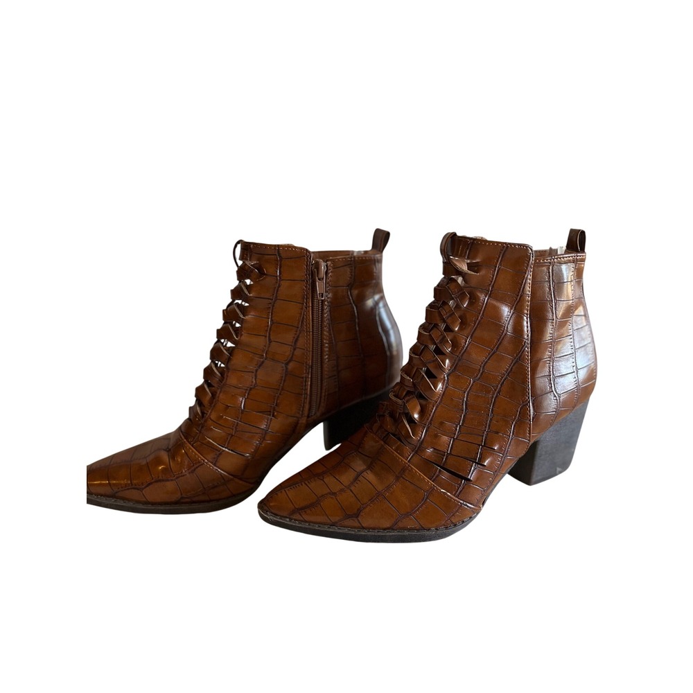 Mata Womens Cognac Croc Embossed Lace Up Pointed Toe Block Heel Ankle Boots 8